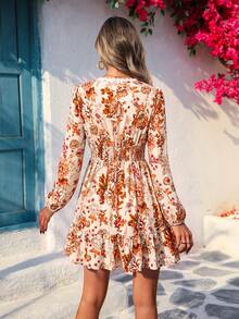 2026 Vestido mini de tejido estampado con escote en V para mujer, atuendos de primavera y verano, ropa de verano, Día de San Valentín, atuendos de vacaciones para mujer - Albaricoque - Ver 2