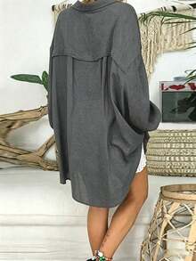 INAWLY Plus Size Women's Solid Color Long Sleeve Single Breasted Loose Casual Long Shirt - Grey - View 2
