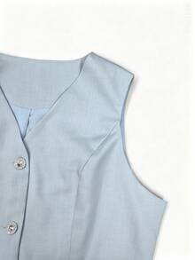 SHEIN Clasi Baby Blue Sleeveless Rhinestone Button Front Shirt And Wide Leg Shorts, Elegant Commuter Women's Two Pieces Set Office Summer - Blue - View 3