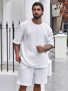 EGENSIO Plus Size Men's Textured Short Sleeve T-Shirt And Shorts Casual Set - White - View 4