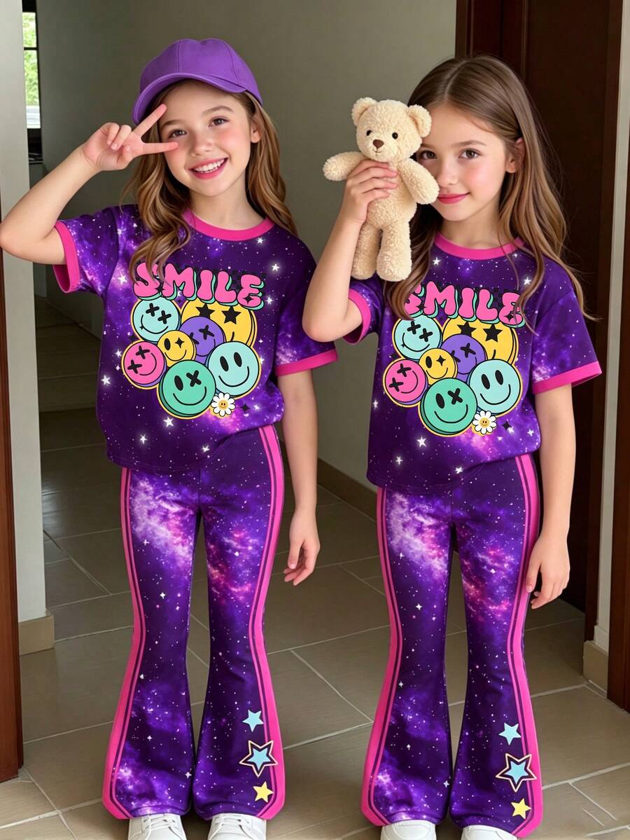SHEIN 1套女童幼兒紫色星空笑臉印花短袖上衣+配套喇叭褲套裝,休閒兩件式穿搭,適合上學/外出,夏季/春秋 - 彩色 - 查看 1