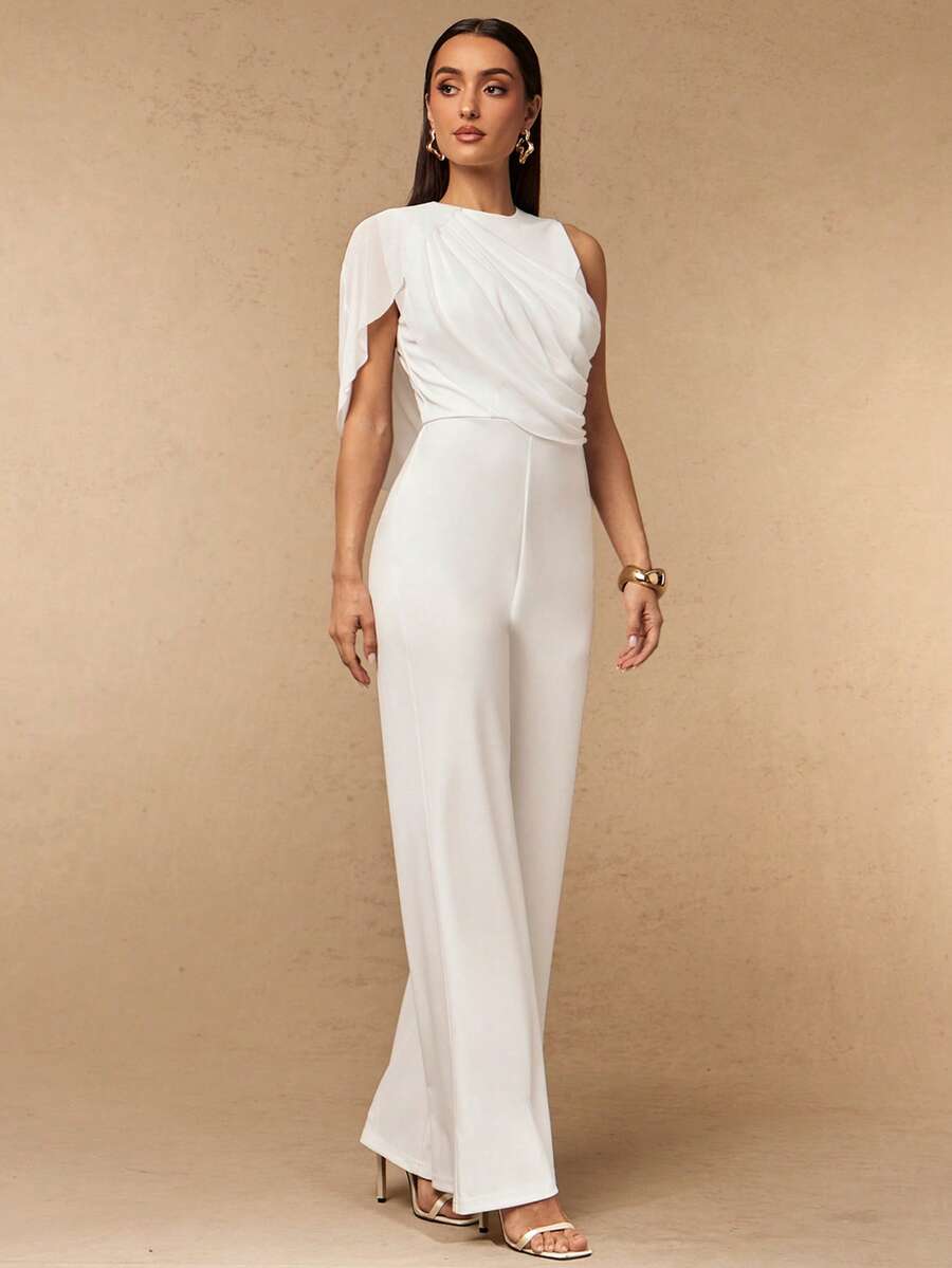 Silquee Spring/Summer Women's Mesh Patchwork Round Neck Sleeveless White Jumpsuit With Mesh Fabric Drape Office Bachelorette Party Wedding Outfits Elegant - Apricot - View 1