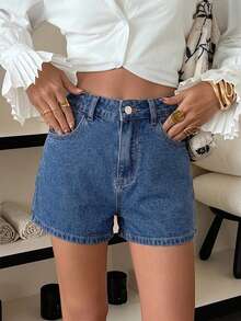 DAZY Spring/Summer Women's Casual Solid Color Washed Shorts - Medium Wash - View 6