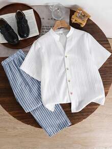 SHEIN Kids Tween Boy Woven Solid Color Casual Shirt And Striped Long Pants 2-Piece Set, Suitable For Outings, Play, Vacation, Street Style, Party, City Walk - Multicolor - View 3