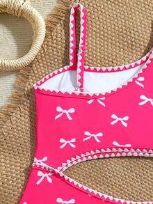 SHEIN Tween Girl Bow Print Shell Embroidery Cut-Out Fashion Jumpsuit For Pool, Party, Summer Vacation - Hot Pink - View 4