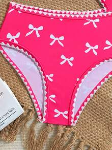 SHEIN Tween Girl Bow Print Shell Embroidery Cut-Out Fashion Jumpsuit For Pool, Party, Summer Vacation - Hot Pink - View 6