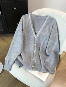 GlowEve CURVE Plus Size Elegant V-Neck Beaded Button Long Sleeve Cardigan - Grey - View 1