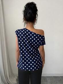 SHEIN Elenzya 女款優雅波點無袖上衣，露肩領垂墜休閒通勤上班上衣，時尚寬鬆版型正式辦公襯衫 - 藏蓝色 - 查看 2