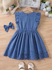 Babygirl Cute Summer Blue Ruffle Hollow Embroidery Dress - Blue - View 2