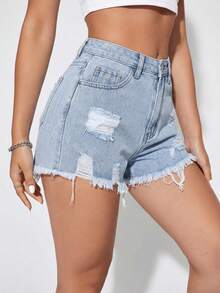 SHEIN Essnce Women's Fashion Casual Distressed Frayed Pocket Denim Shorts - Blue - View 4
