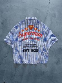 SUPERMAN X SHEIN قميص رجالي مخطط بطباعة حروف كاجوال متعدد الاستخدامات للسفر اليومي - الأزرق - مشاهدة 3