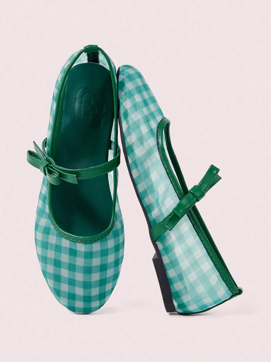 CUCCOO DOLLMOD Women's Shoes, Green Plaid, Mesh, Bow Mary Jane Shoes, Ballet Shoes, Comfortable Flats - Mesh green - View 1