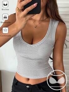 DAZY Summer Striped Built-In Padded Casual V-Neck Tank Top Women's Base Layer - Grey - View 5
