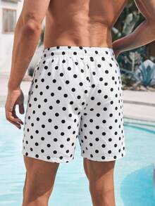 Manfinity Swimmode 男士圓點抽繩腰口袋休閒度假沙灘短褲 - 黑與白 - 查看 3