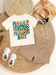 SHEIN 1 Set Baby Boys Casual Fashion Cool Cartoon Face Checkerboard Pattern "MAMA'S BOY" Letter Print Short Sleeve T-Shirt And Shorts Set, Suitable For Summer Outings - Multicolor - View 2