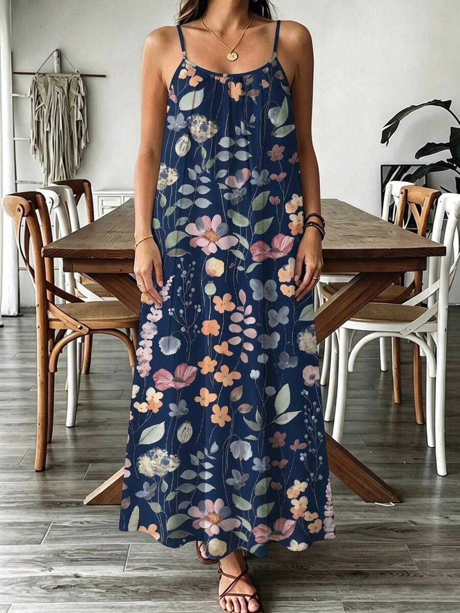 SHEIN VCAY 2026新款度假休閒復古碎花波西米亞大尺碼女款細肩帶洋裝 - 彩色 - 查看 1