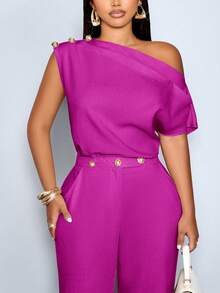 SOLERSUN 女士加大码春夏优雅不对称领无袖金属纽扣修身纯色衬衫单肩上衣单肩上衣办公室约会晚宴上衣通勤衬衫，日常穿着得体 - 玫紅色 - 查看 2