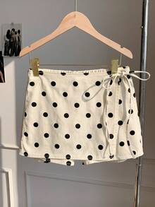 CovetEZ Falda-pantalón de mezclilla casual para mujer con estampado de lunares y lazo en la cintura lateral - Blanco - Ver 8