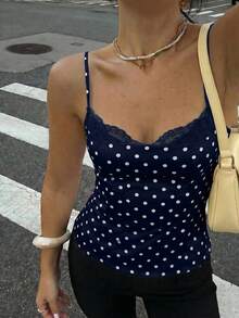 Firerie Women's Elegant 1940s Vintage Old Money Romantic Exquisite Charming Holiday Valentine's Day Sexy Lace Navy Blue Polka Dot Top Vacation Summer - Navy Blue - View 9