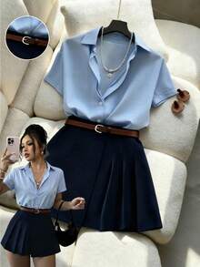 SHEIN Franclia 女士夏季休闲/办公通勤纯色短袖衬衫和系带百褶裙套装 - 藍色 - 查看 3