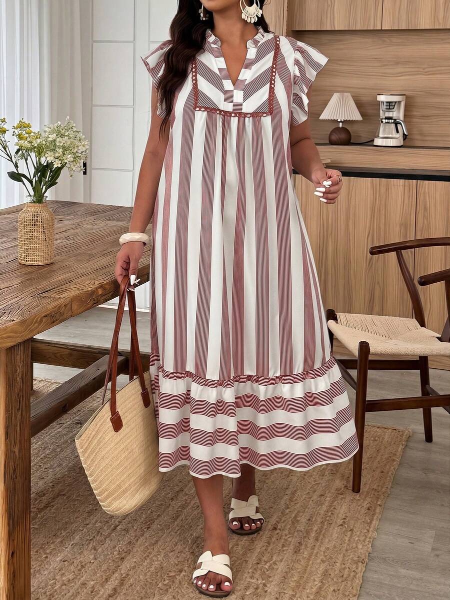 Weeklong Women's Plus Size Spring/Summer Casual Boho Vacation Loose Striped Ruffle Sleeve Ruffle Hem Dress, Suitable For Daily Beach White - Multicolor - View 1