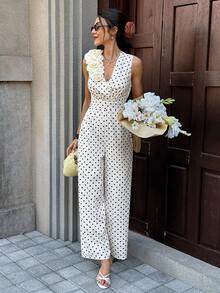 SHEIN Frenchy Women's Polka Dot Pattern Overlap V-Neck Sleeveless Elegant Jumpsuit - Multicolor - View 8