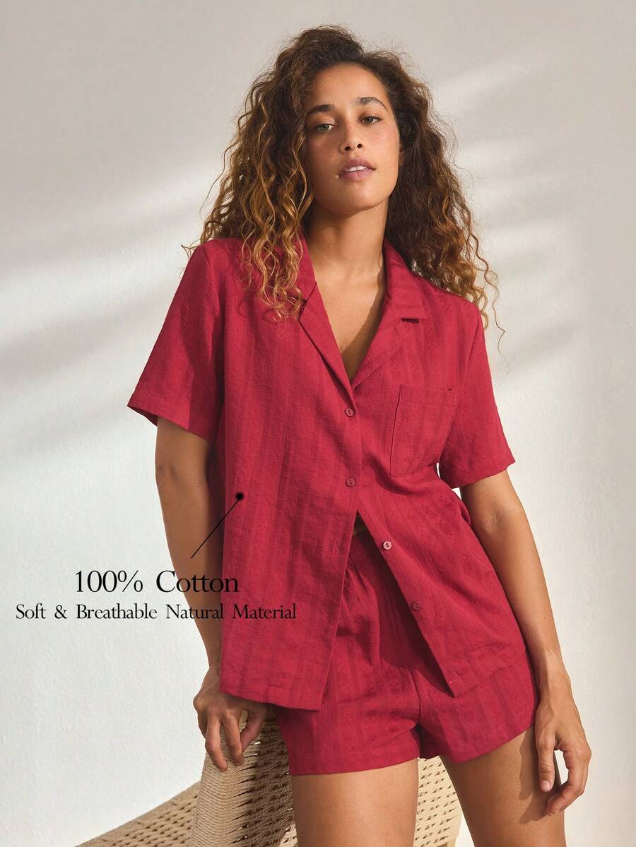 Ocili Set Piyama Lengan Pendek dan Celana Pendek Jacquard Katun Alami Lembut & Ramah Kulit untuk Wanita - Burgundy - View 1