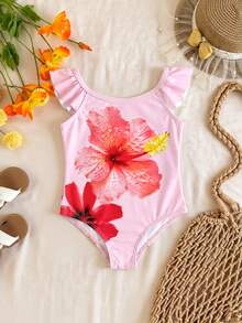 SHEIN 女嬰花卉印花圓領荷葉袖可愛泳衣 - 粉色 - 查看 1