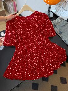 GlowEve CURVE Plus Size Women's New French Elegant Ruffle Edge Polka Dot Puff Short Sleeve Blouse, Unique Exquisite Top - Multicolor - View 1
