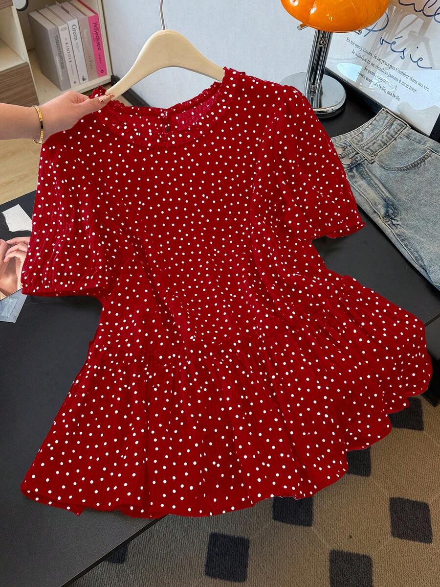GlowEve CURVE Plus Size Women's New French Elegant Ruffle Edge Polka Dot Puff Short Sleeve Blouse, Unique Exquisite Top - Multicolor - View 1