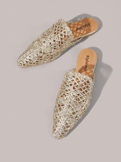 Styleloop Women Shoes Spring And Summer Hollow Weaving Design Pointed Flat Bottom, Retro Style, Women's Slippers Home Wear Commuting Shopping Vacation Beach Festival Gifts