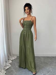 Elenzga Jumpsuit Wanita Warna Polos, Berlipit, Bahan Denim Imitasi, Kancing, Tanpa Lengan, dengan Hem Berumbai - Hijau Tentara - View 5