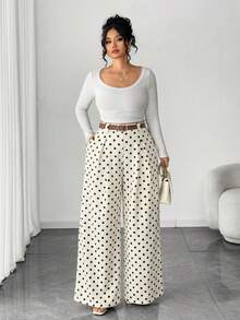 SHEIN Tall CURVE 夏季新款波點圖案時尚優雅寬腿女裝長褲 - 杏色 - 查看 5
