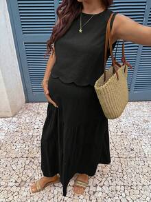 Boho Mama 孕婦純色圓領上衣與可調腰圍裙子休閒日常兩件套 - 黑色 - 查看 5