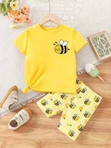 Baby Girl Pastel Yellow Summer Casual Cute Cartoon Bee Print T-Shirt & Bike Shorts Set,Soft Flower Pattern Athleisure Wear For Daily Work Home - Multicolor - View 4