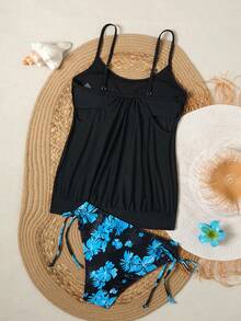 Swim Lushoire 女款夏季休閒保守風歐洲度假海灘派對印花粗肩帶比基尼兩件式泳衣套裝 黑色 - 彩色 - 查看 5