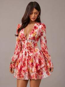 Radiana Women's Sexy Elegant Romantic Floral V-Neck Fitted Bustier Dress, Cinched Waist Ultra Short Mini Dress, Multi-Layer Ruffle Dress, V-Waist Mini Cake Skirt, Puffy Princess Dress, Flowy Chiffon Dress, Valentine's Day Date Dress, Suitable For Night, Date, Party, Cocktail Party, Ball, Concert, Birthday, Wedding, Carnival, Party, Nightclub, Club, Music Festival, Island Vacation, Afternoon Tea, Spring Dress - Multicolor - View 4