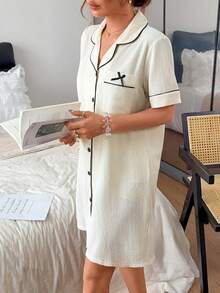 Napfluff Contrast Trim Bow Decor Patch Pocket Lapel Front Opening Women's Nightgown - Apricot - View 1