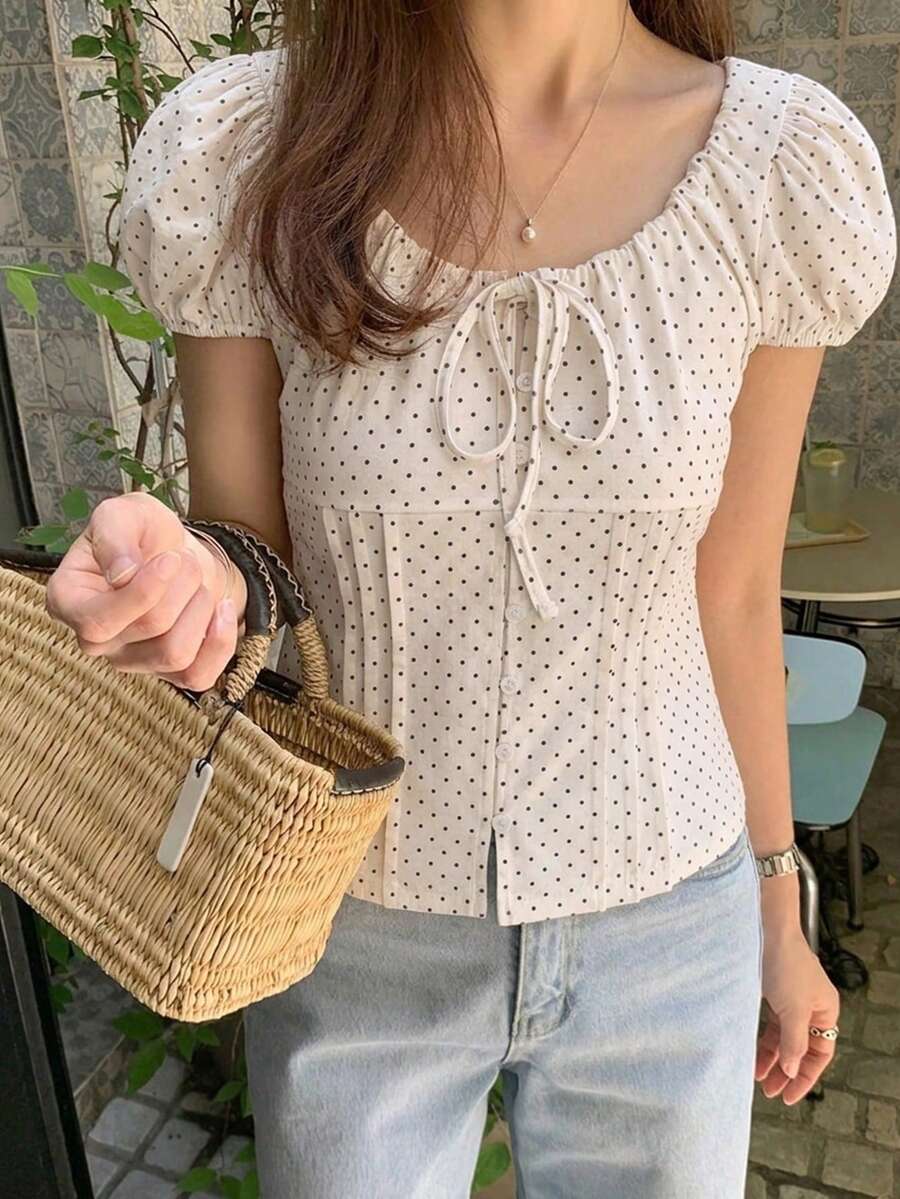 DAZY Women's Solid Color Fitted Short Sleeve Blouse With Puff Sleeves, Pink, Spring/Summer - Apricot - View 1