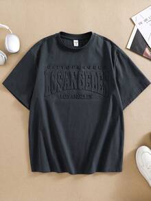 青少年男孩灰色短袖圓領T恤，壓紋字母Y2K圖案，休閒簡約風，適合返校、外出、聚會、度假，春夏季穿著 - 深灰色 - 查看 4