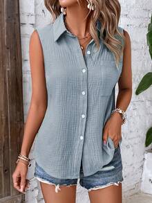 EMERY ROSE Camisa sin mangas de unicolor con un solo botón y bolsillo casual para mujer - Azul - Ver 3