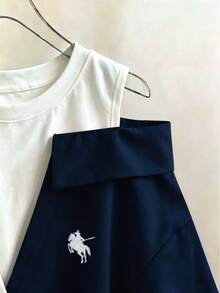GlowEve 女款 2 合 1 刺繡露肩上衣，夏季度假款 - 藏蓝色 - 查看 4