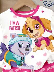 SHEIN | PAW Patrol 女嬰圓領字母卡通印花短袖T恤與短褲休閒日常套裝 - 彩色 - 查看 3