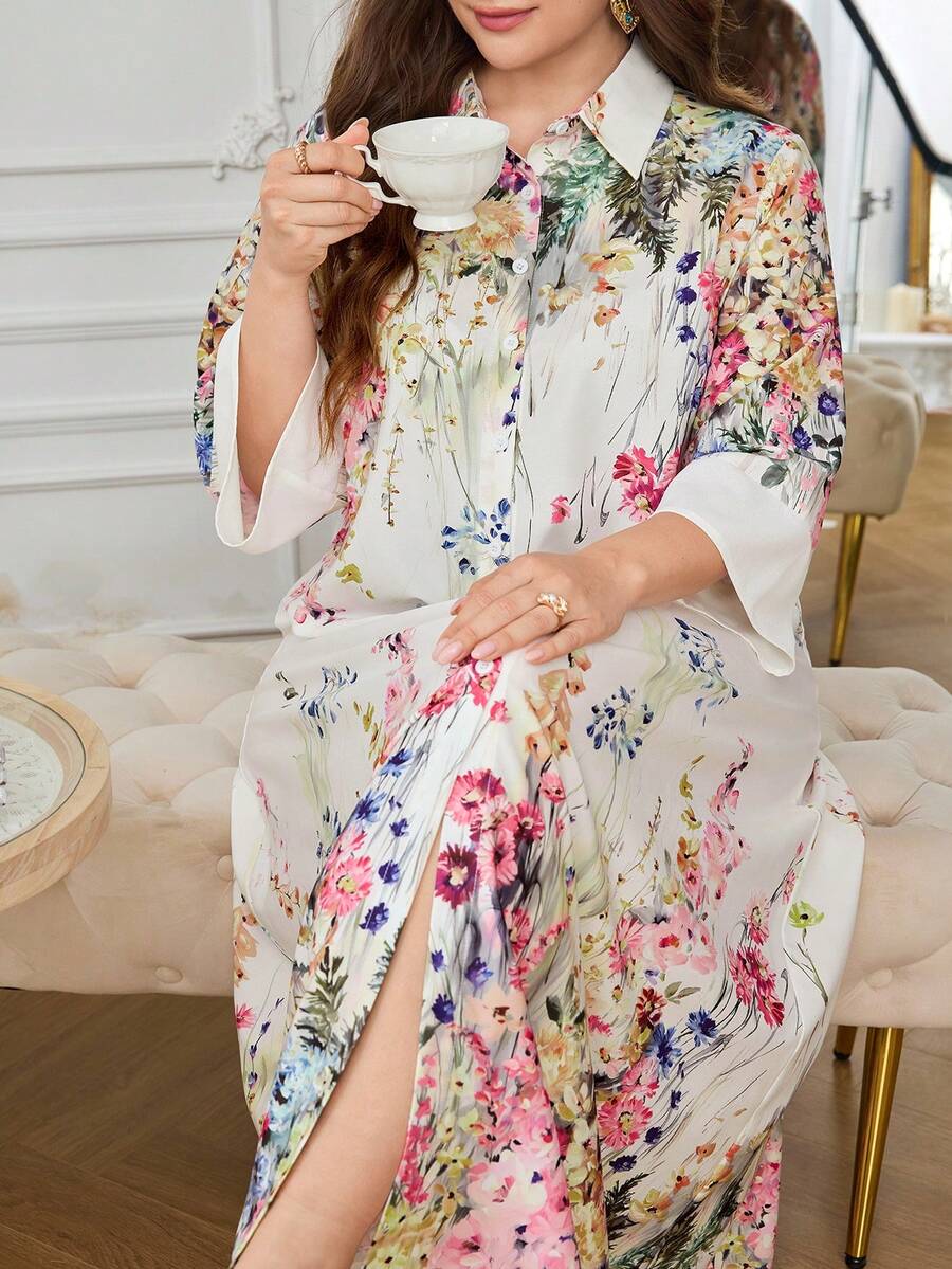 Al Najma Summer Positioning Floral Cuff Contrast Color Loose Fit Plus Size Women's Arabian Dress - Multicolor - View 1