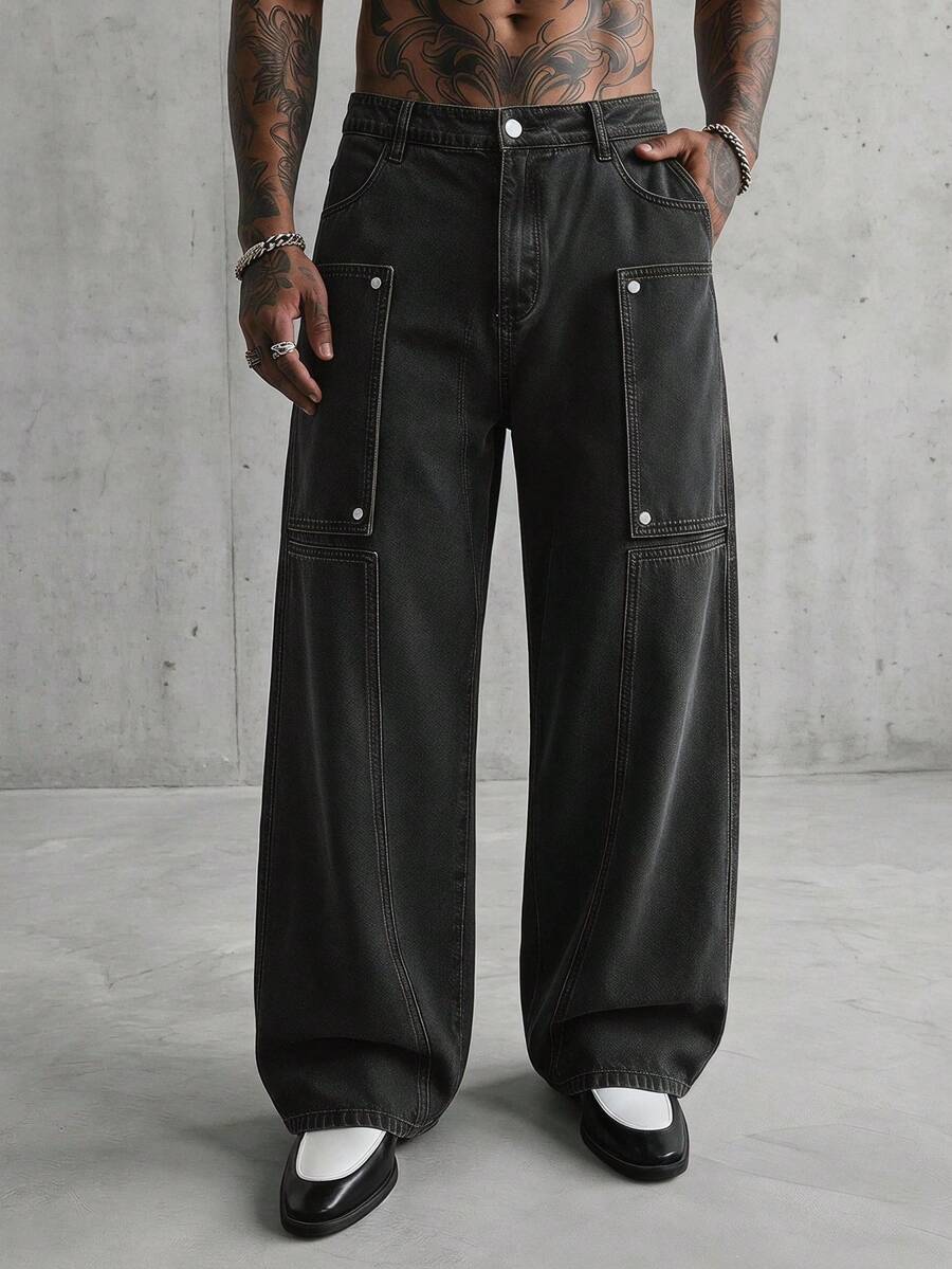 AXEPEAK Men's Black Loose Fit Casual Jeans With Large Pockets - Black - View 1