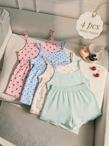 Cream Color, Young Girl Casual Simple Slim Fit Cartoon Pattern Cami Top And Shorts Set, Suitable For Summer Home Wear, Cami Set, Cami And Shorts Set, Easy Comfort - Multicolor - View 2