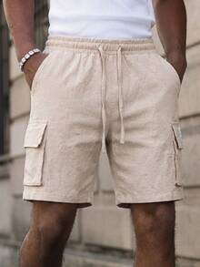 Rafferiza Men's Summer Casual Linen Drawstring Cargo Shorts - Khaki - View 4