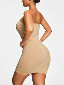 SHAPORA Robe moulante sans bretelle de couleur unie pour femmes - Nude - Voir 7