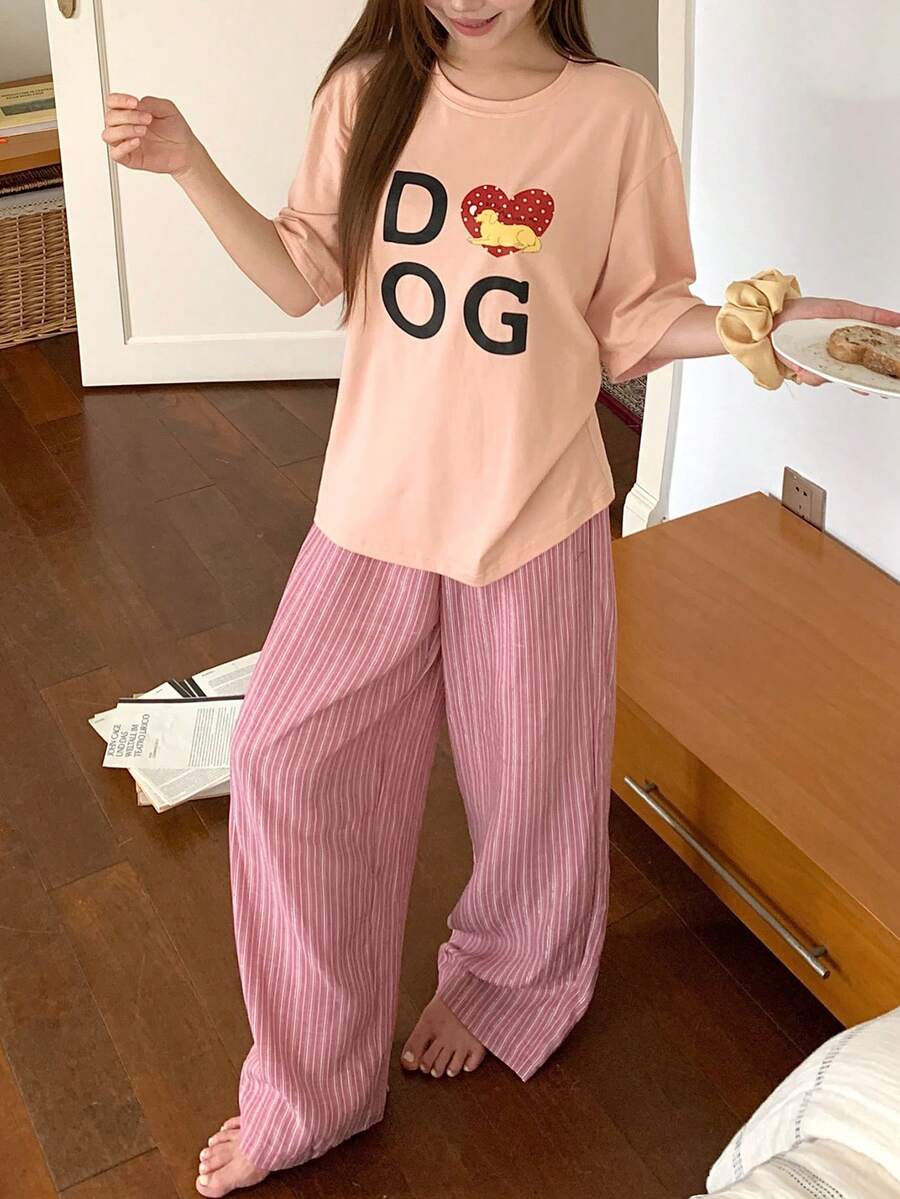 DAZY 2pcs/Set Women's Summer Pajama Set, Loose Short Sleeve T-Shirt With English Graphic Print & Striped Straight Leg Long Pants - Pink - View 1