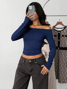 Black Off-Shoulder Fitted Casual Long Sleeve Basic Base Layer T-Shirt - Navy Blue - View 6